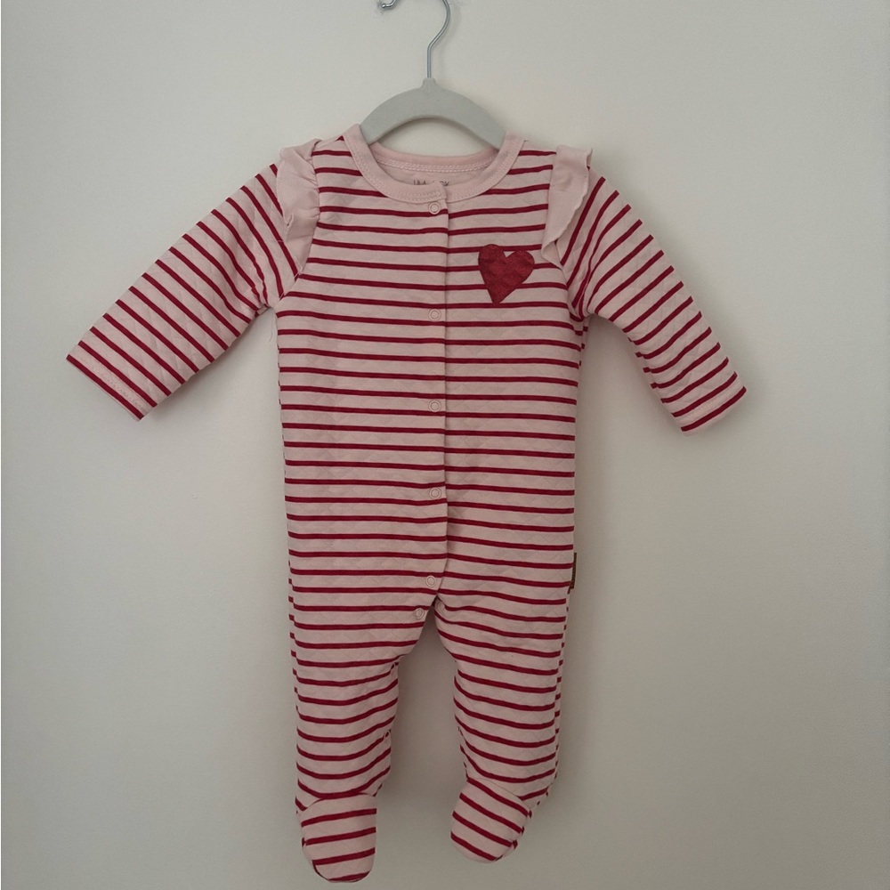 Baby Pink & Red Striped Heart Footed One-Piece